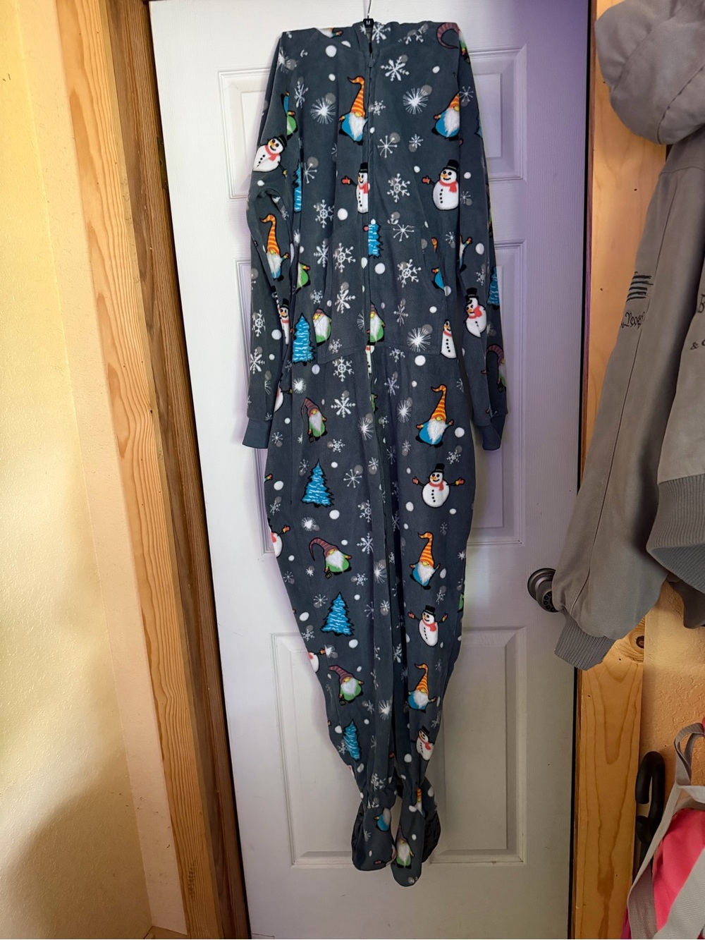 Adult Christmas or Holiday Snowman Print Footed Pajamas with hood - Gray
